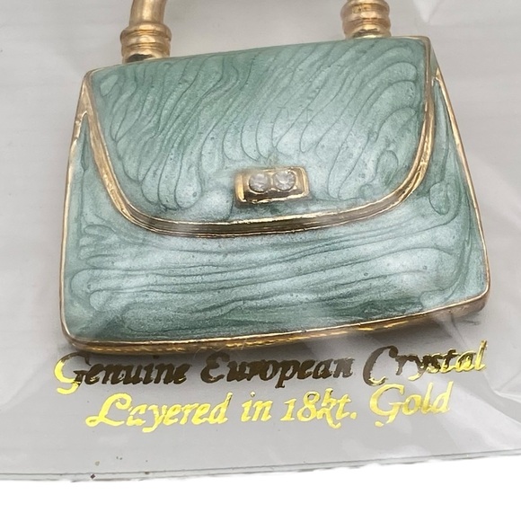 NWT HandBag Purse Pin Brooch Green Enamel, 18 Kt. Gold Painted & Crystal Accents - Picture 2 of 5